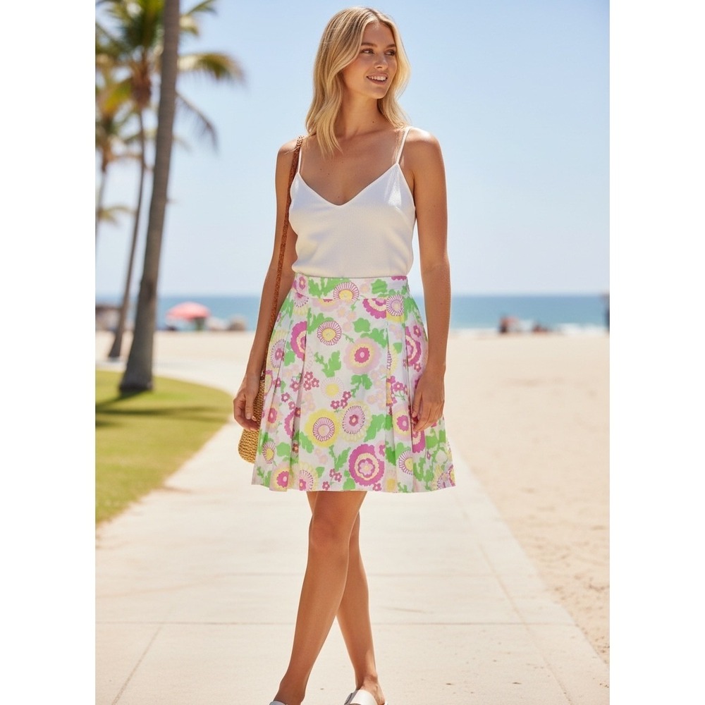 Lilly Pulitzer Floral Pleated A-Line Skirt Women 6 Pink Green Pockets Resortwear